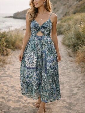 Angie Boho Paisley Midi Dress L Teal Cut Out Twist Front Festival Flowy Summer